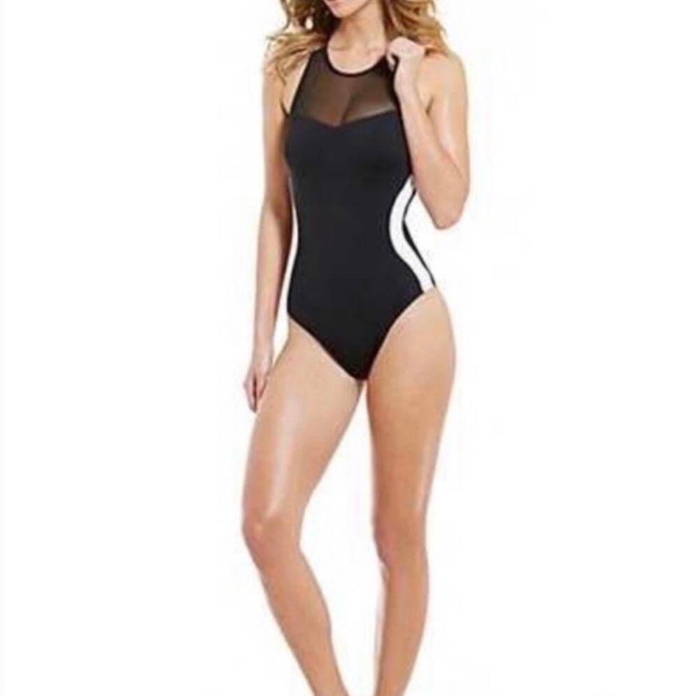 La Blanca High Neck Mesh One Piece Swimsuit Black Size 10 NWT Crisscross Back